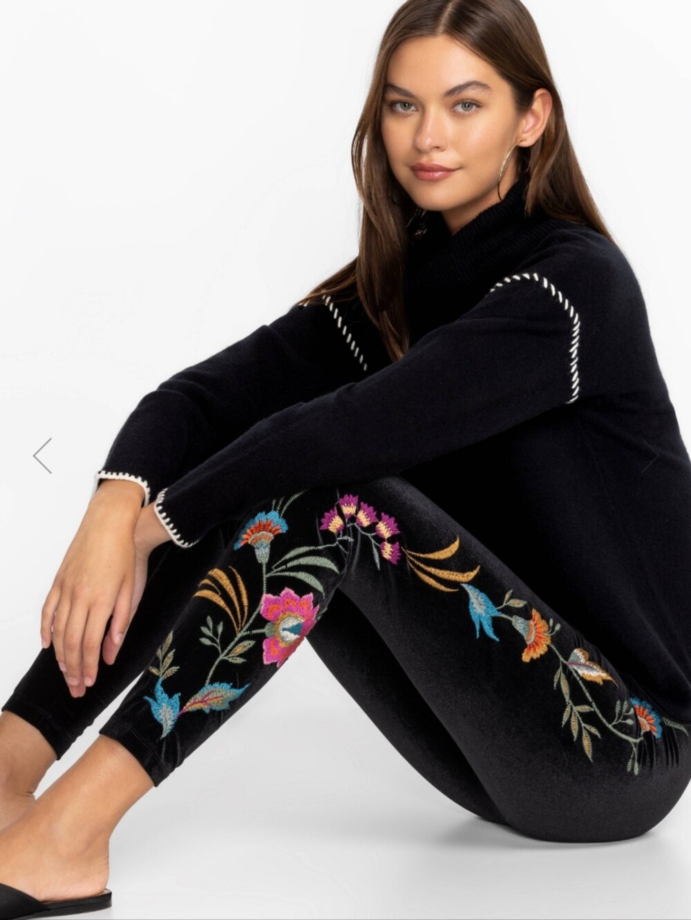 Johnny Was Sidonia Black Velvet Floral Embroidered Leggings Women's XS Bohemian